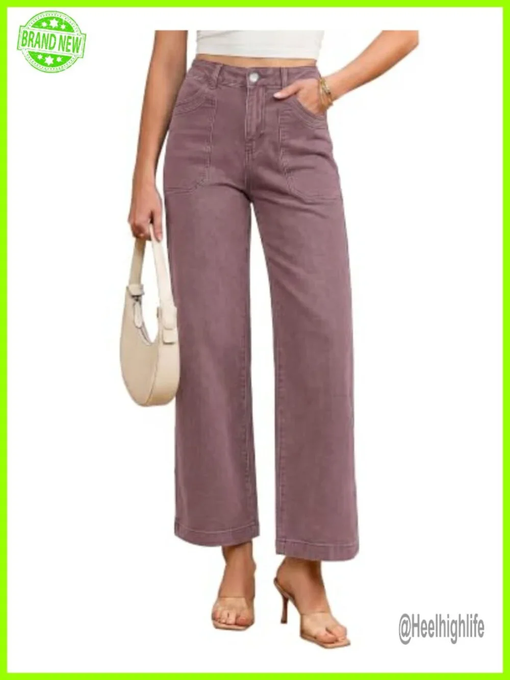 High Waisted Wide Leg Jeans with Patch Pockets Stretchy Denim Pants